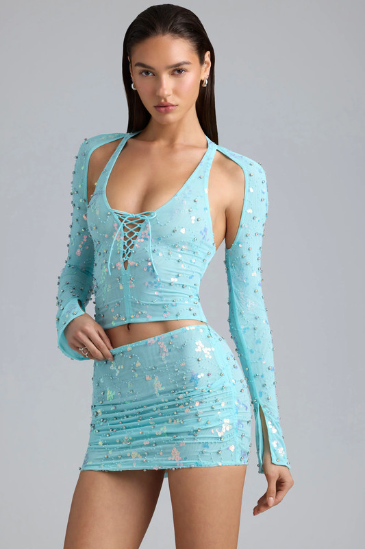 Embellished Cut-Out Halterneck Top in Ice Blue - UK Size:12